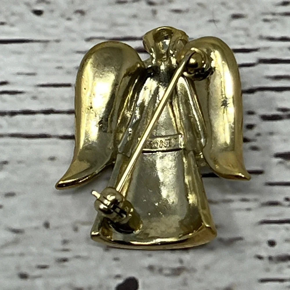 Vintage Monet‎ Angel Brooch Gold Tone Crystal Accent Pin